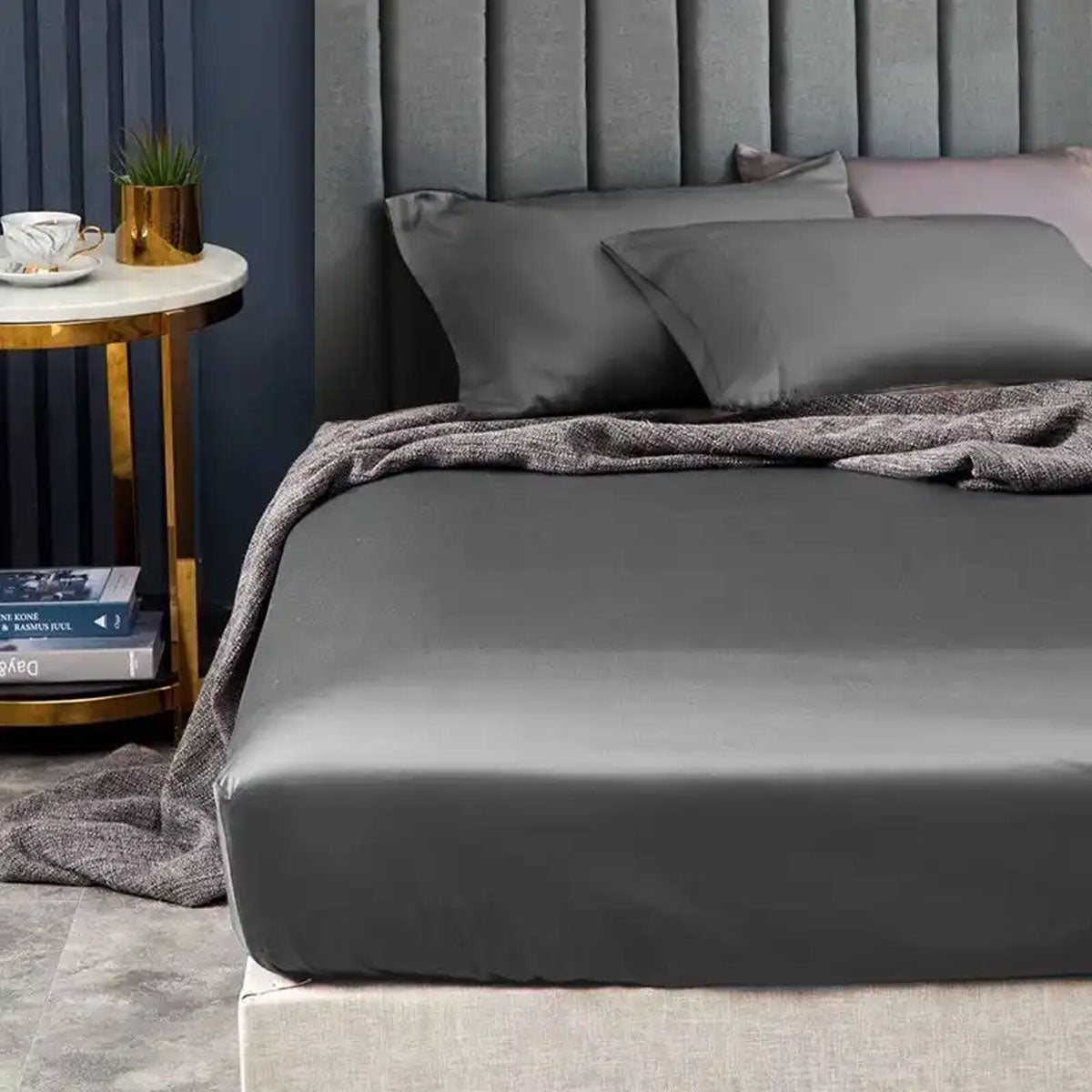 Bed Sheets: Ramesses 1500TC Elite Egyptian Cotton Sateen Fitted Sheet Combo Set Charcoal Mega Queen