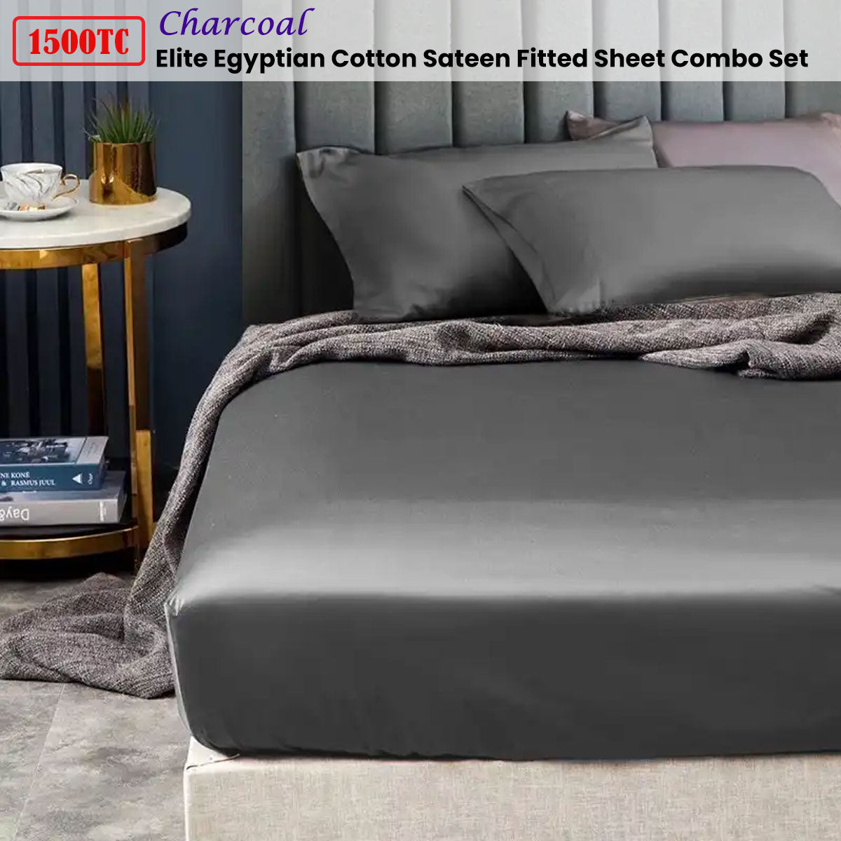 Bed Sheets: Ramesses 1500TC Elite Egyptian Cotton Sateen Fitted Sheet Combo Set Charcoal Queen