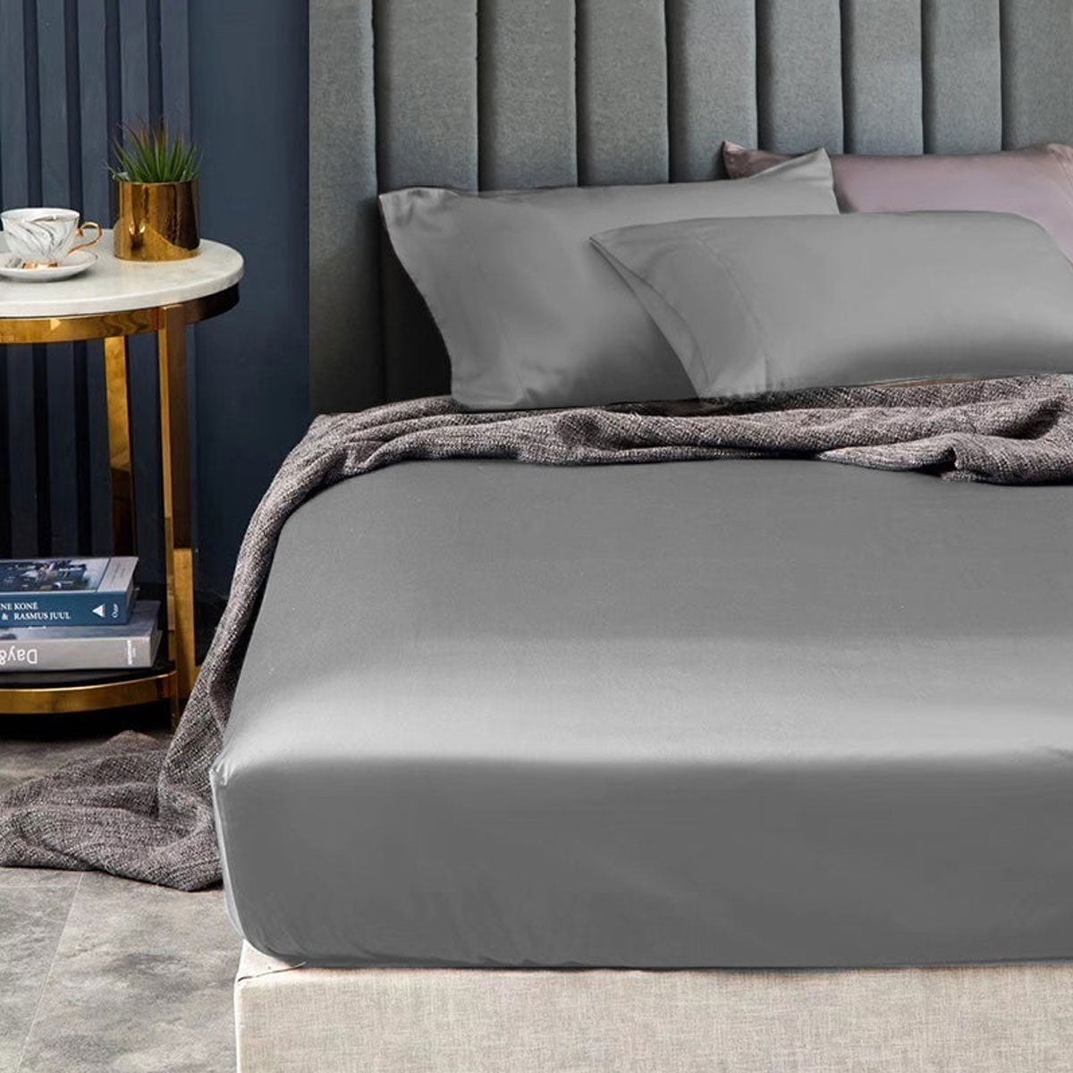 Bed Sheets: Ramesses 1500TC Elite Egyptian Cotton Sateen Fitted Sheet Combo Set Grey Queen