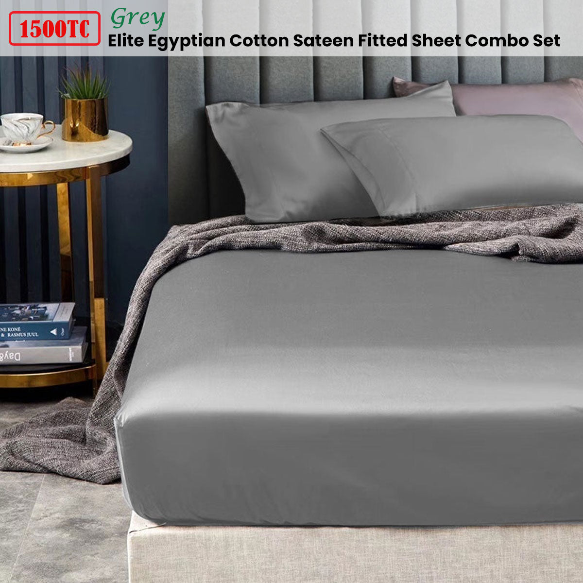 Bed Sheets: Ramesses 1500TC Elite Egyptian Cotton Sateen Fitted Sheet Combo Set Grey Queen