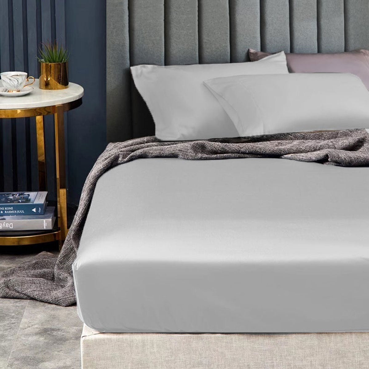 Bed Sheets: Ramesses 1500TC Elite Egyptian Cotton Sateen Fitted Sheet Combo Set Silver King Single