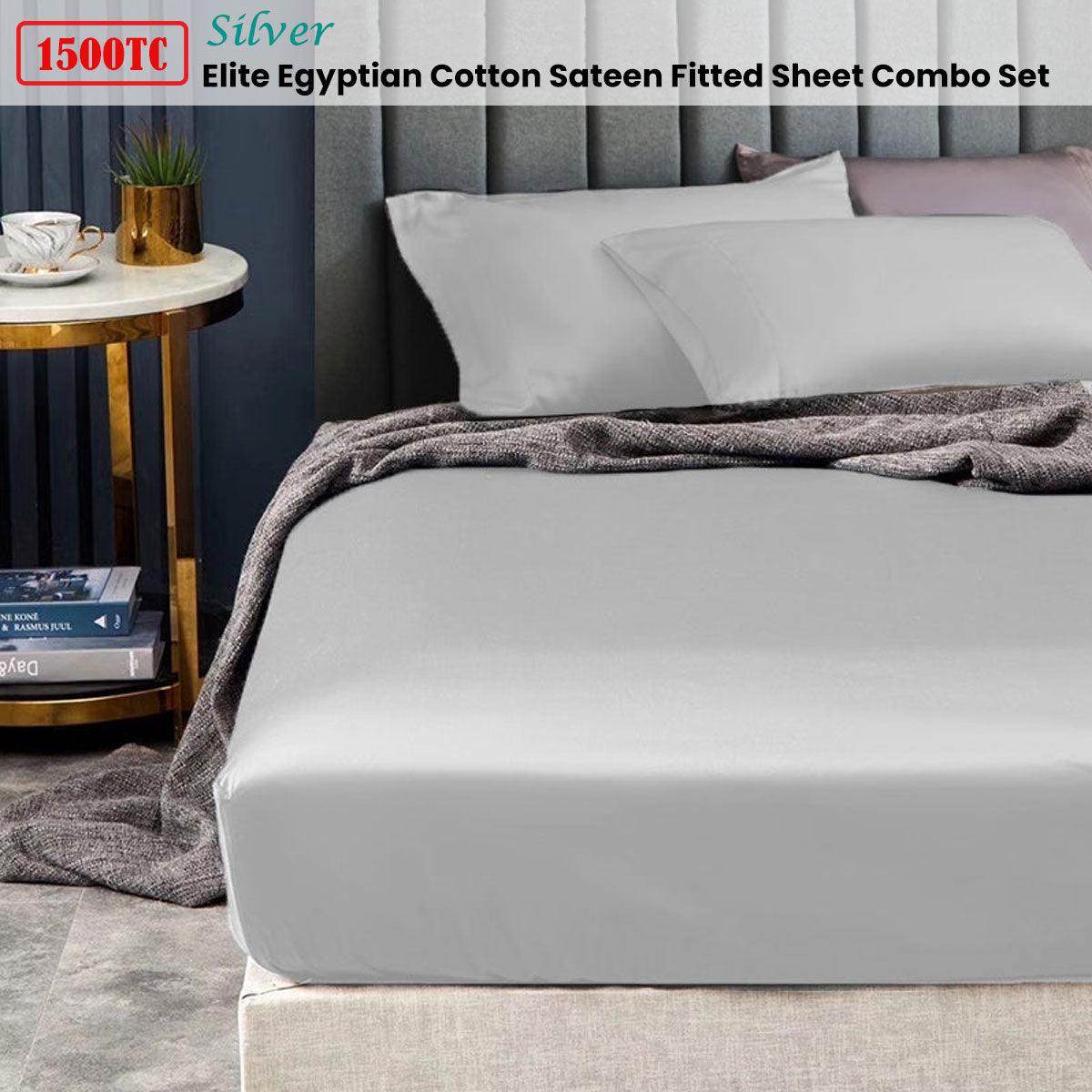Bed Sheets: Ramesses 1500TC Elite Egyptian Cotton Sateen Fitted Sheet Combo Set Silver King Single