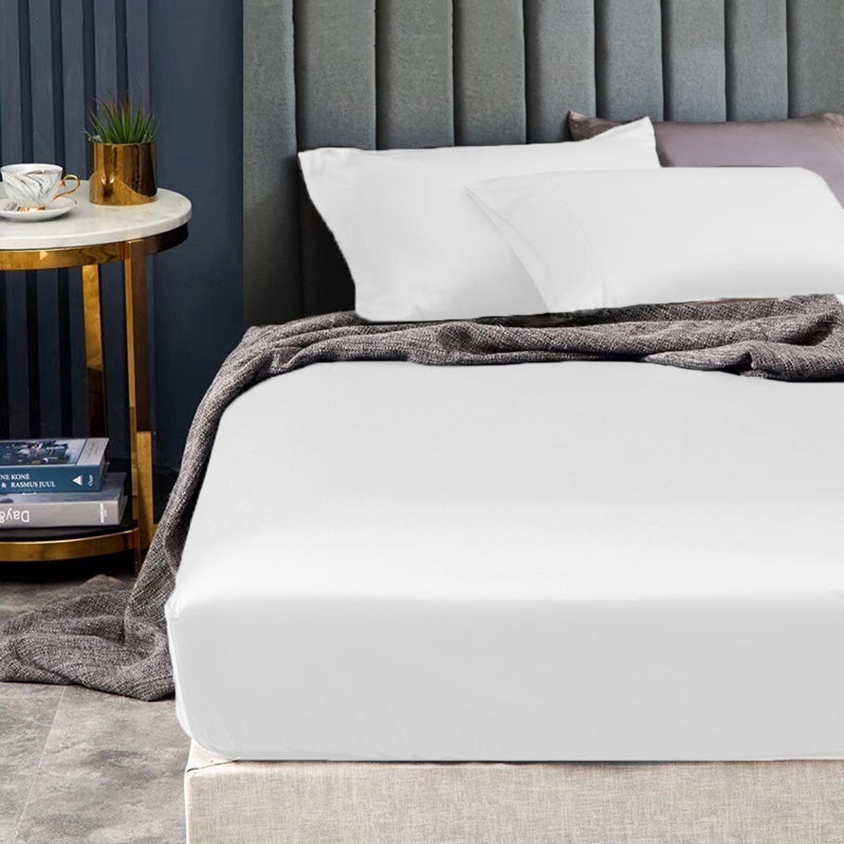 Bed Sheets: Ramesses 1500TC Elite Egyptian Cotton Sateen Fitted Sheet Combo Set White Mega King