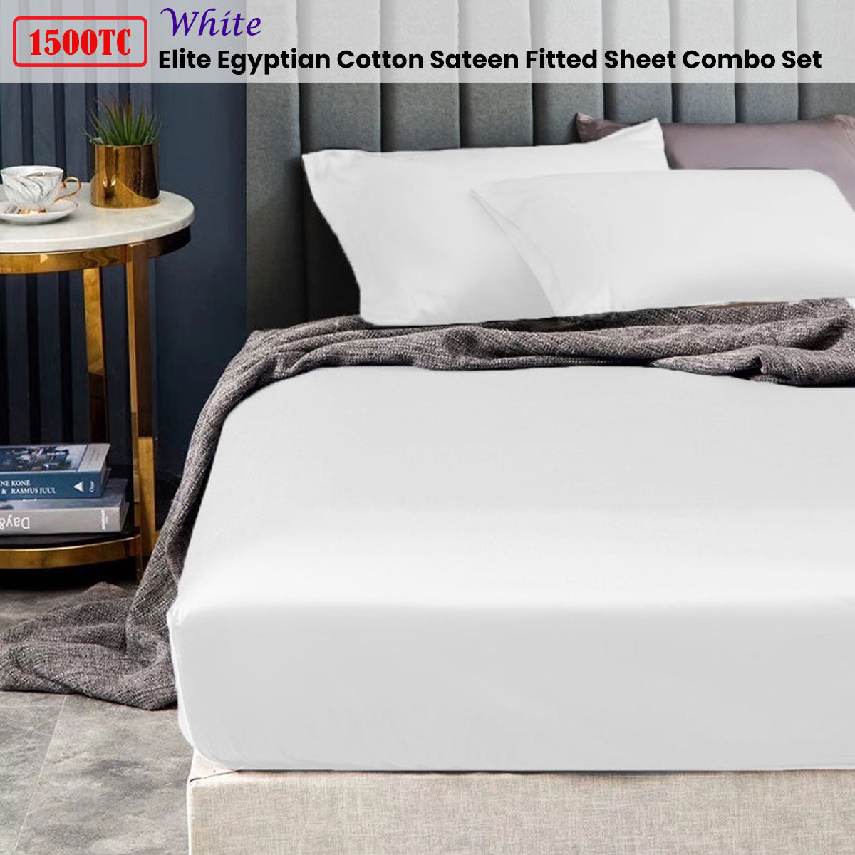 Bed Sheets: Ramesses 1500TC Elite Egyptian Cotton Sateen Fitted Sheet Combo Set White Queen