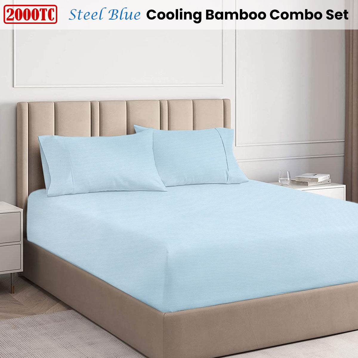 Bed Sheets: Ramesses Steel Blue 2000TC Cooling Bamboo Combo Set King