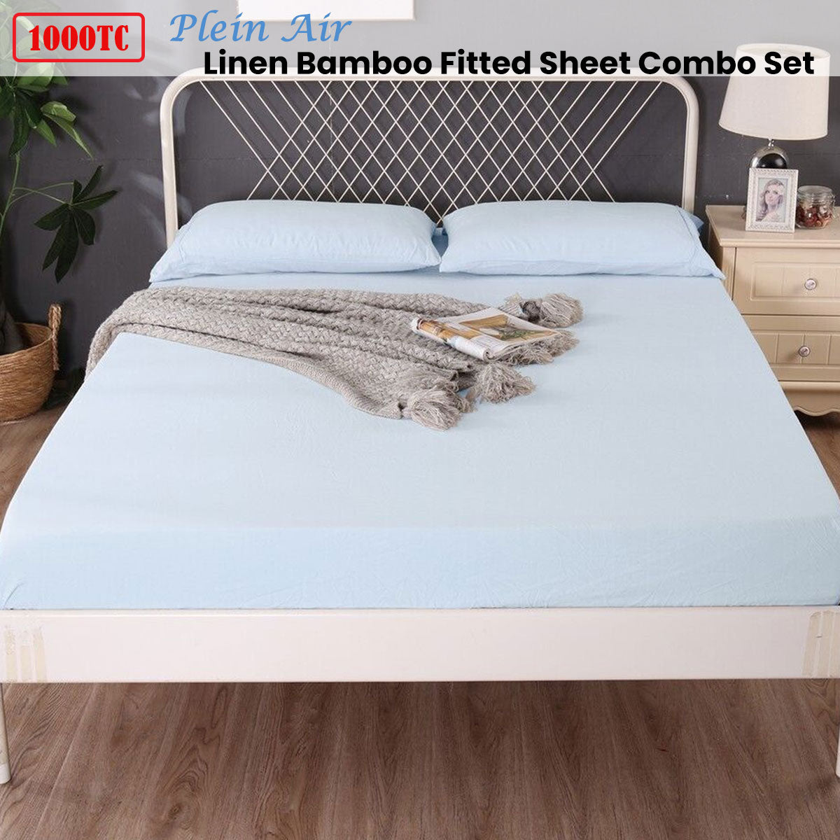 Bed Sheets: Ramesses 1000TC Linen Bamboo Fitted Sheet Combo Set Plein Air Queen