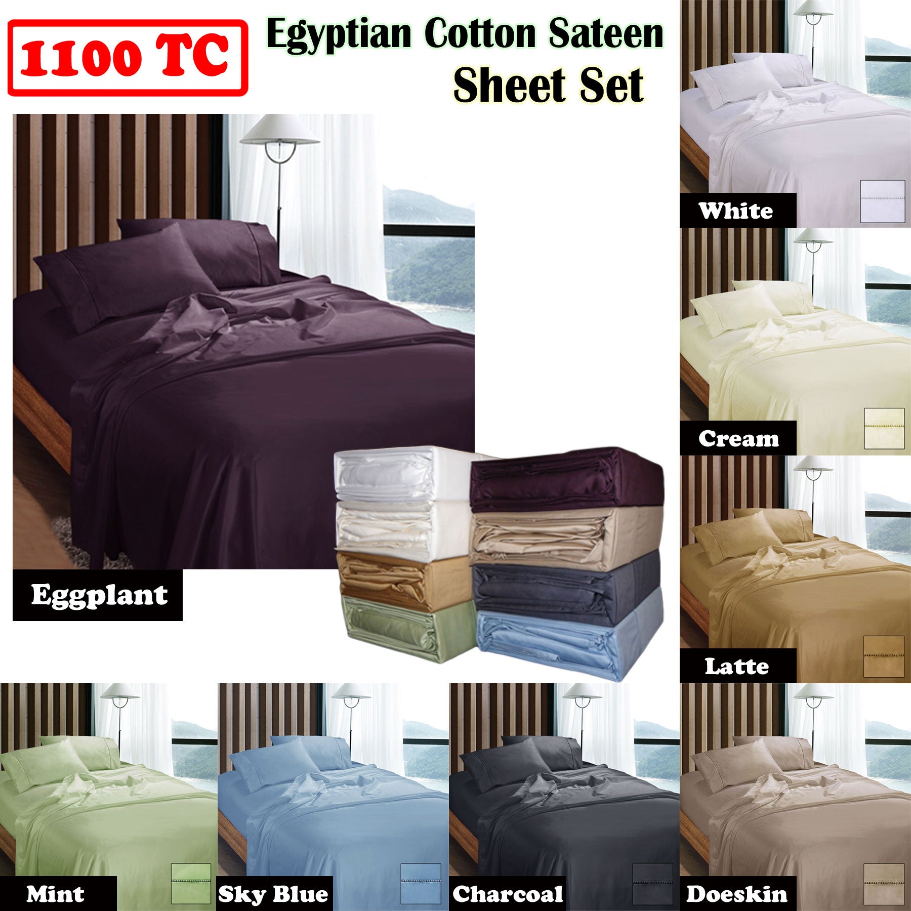 Bed Sheets: Ramesses 1100TC Egyptian Cotton Sateen Sheet Set Latte Queen