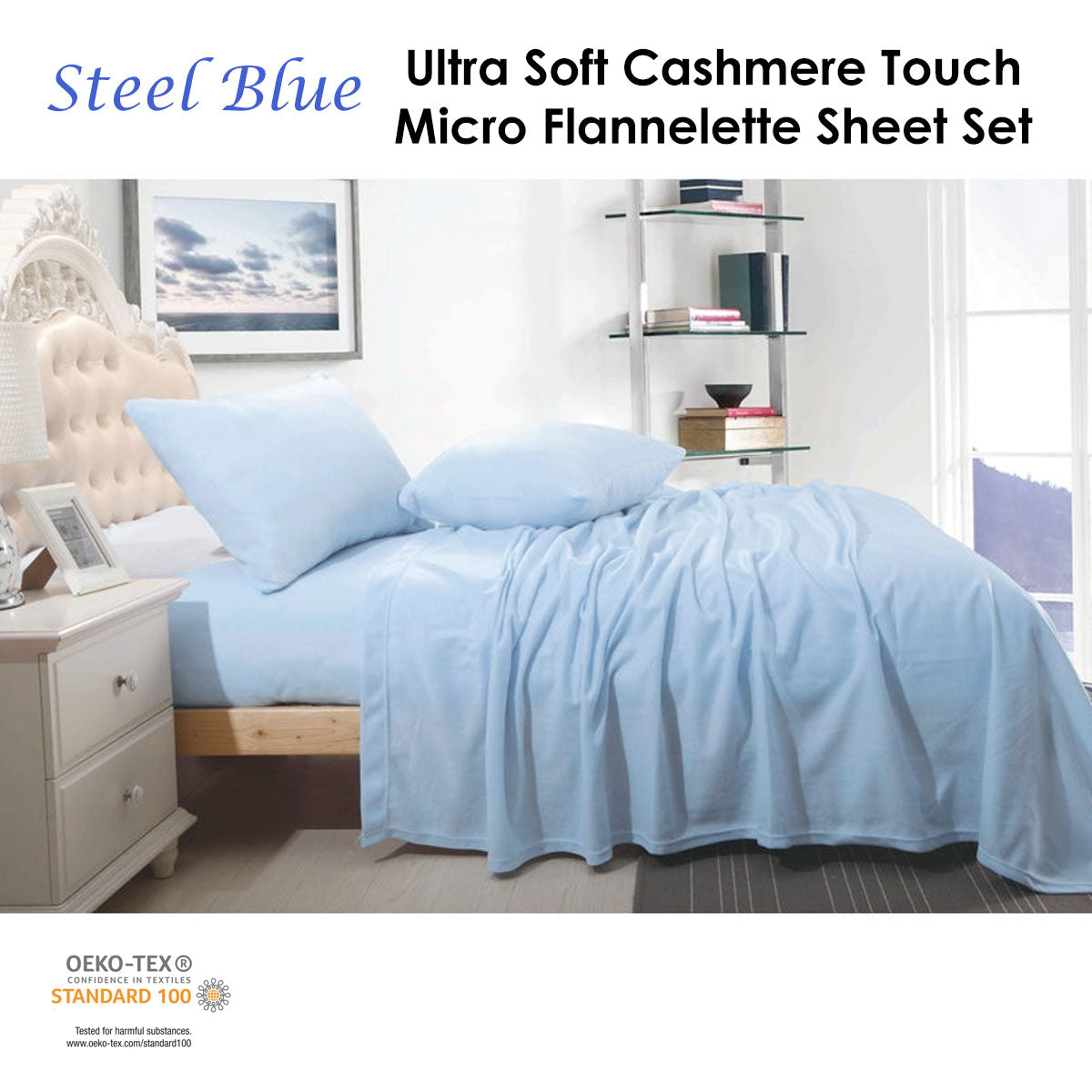 Bed Sheets: Shangri La Ultra Soft Cashmere Touch Micro Flannelette Sheet Set Steel Blue Queen