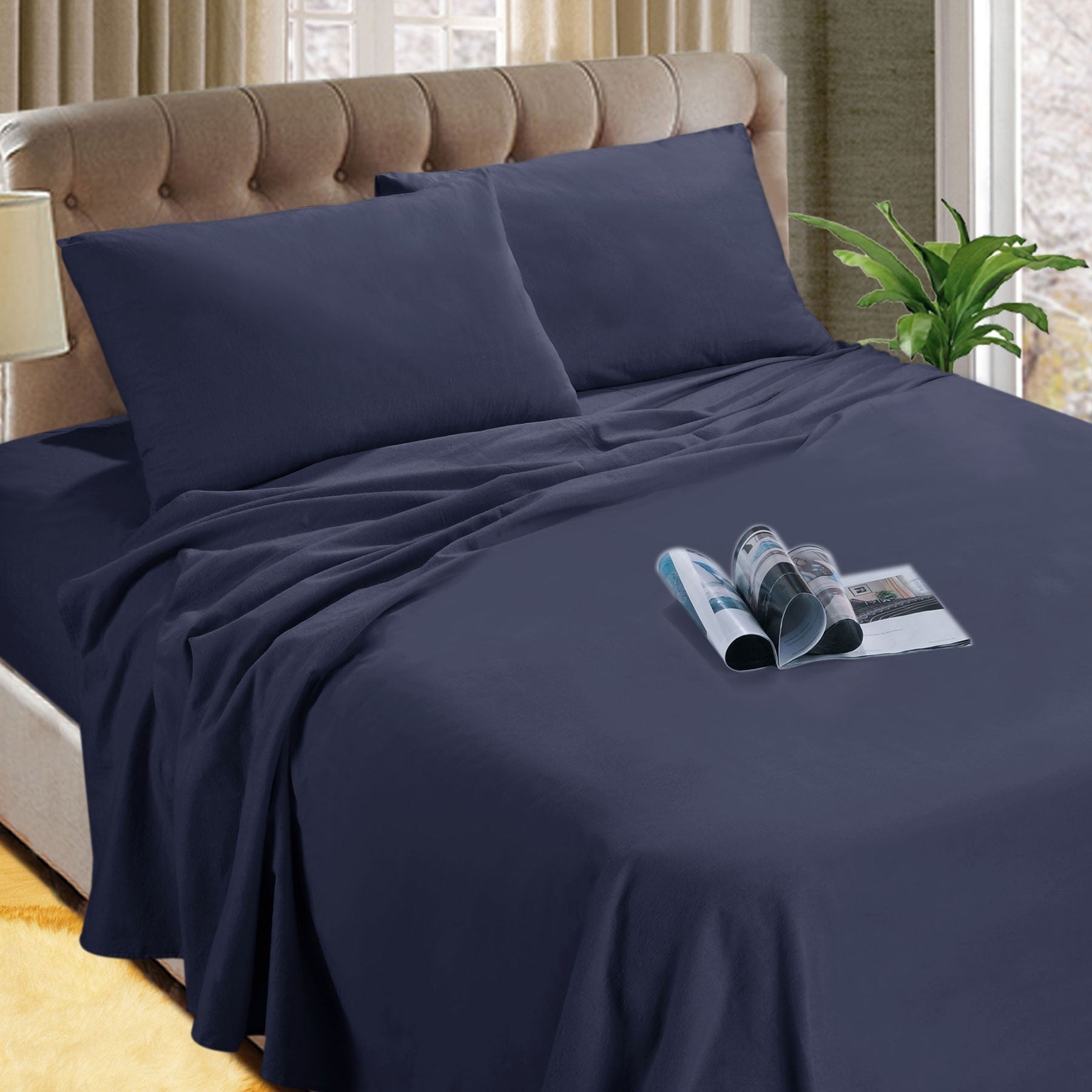Bed Sheets: Kingtex Micro Flannelette Sheet Set 40 cm Wall Denim Double