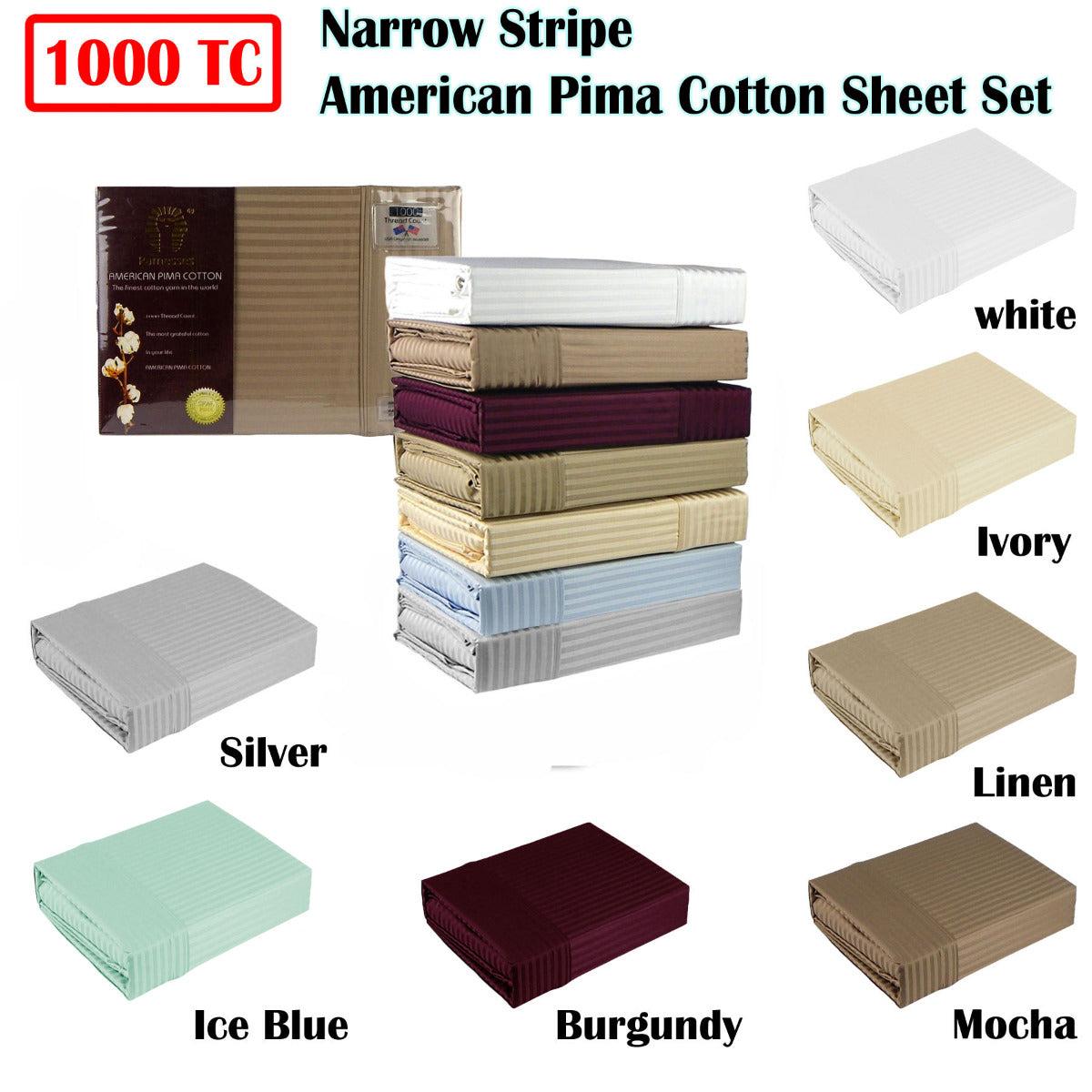 Bed Sheets: Ramesses 1000TC American Pima Cotton Narrow Stripe Sheet Set White Queen