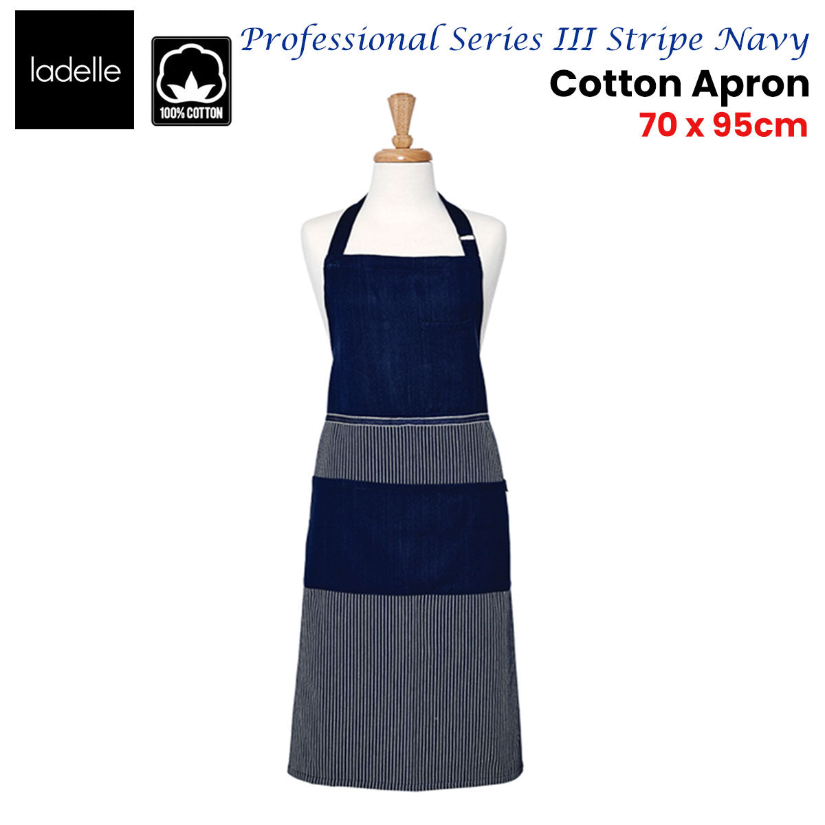 Aprons: Ladelle Professional Series Stripe Navy Cotton Apron 70 x 95 cm