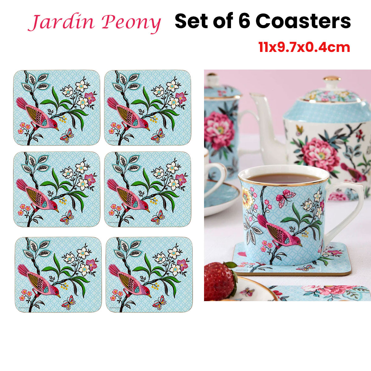 Coasters: Set of 6 Jardin Peony Coasters 11x9.7x0.4cm