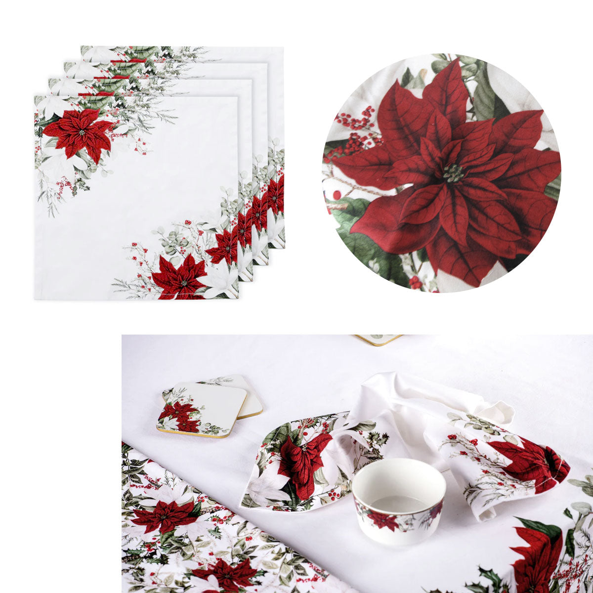 Table Linen & Kitchen Towels: Ashdene Set of 4 Poinsettia 100% Cotton Napkins 45 x 45 cm