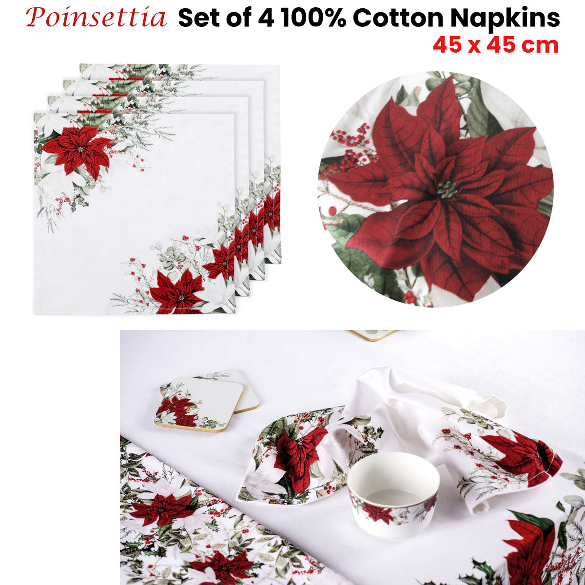 Table Linen & Kitchen Towels: Ashdene Set of 4 Poinsettia 100% Cotton Napkins 45 x 45 cm