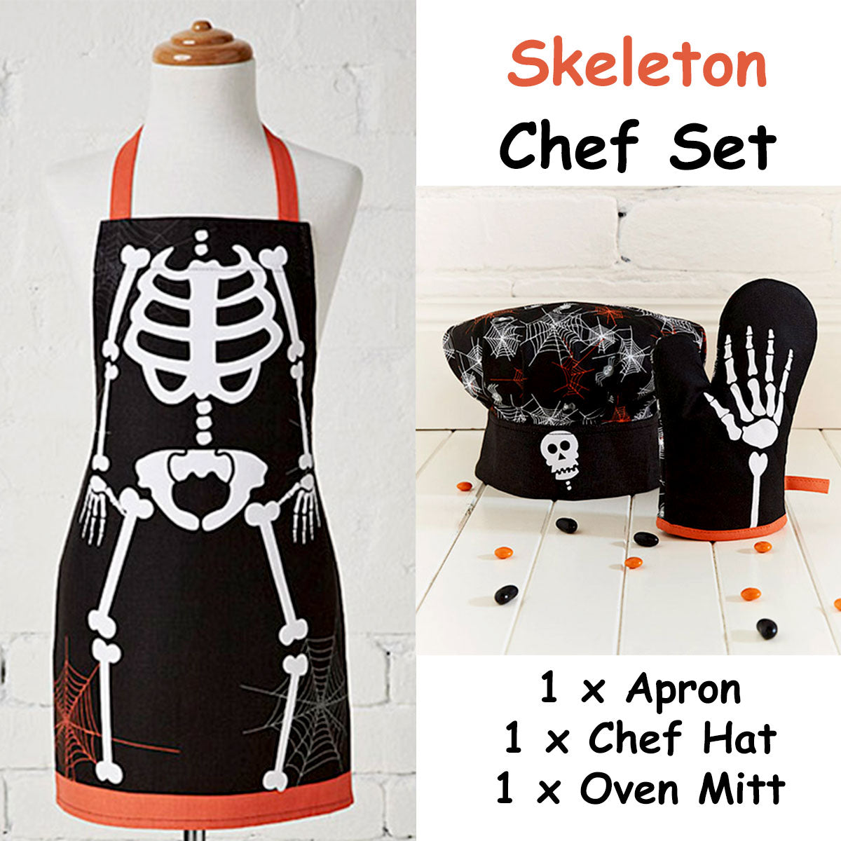 Aprons: Cubby House Kids Set of 3 Skeleton Halloween Children Kids Kitchen Chef Set