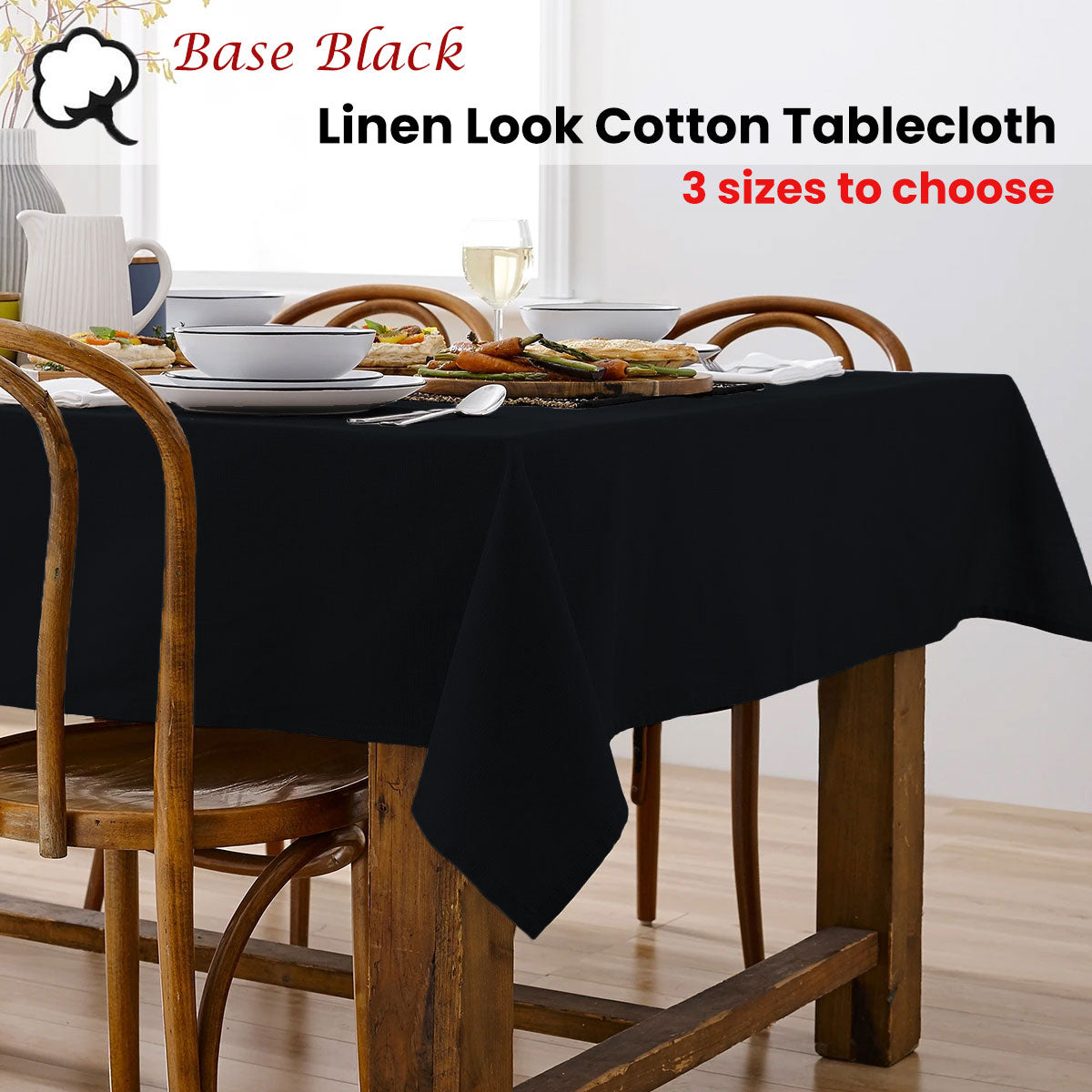 Table Linen & Kitchen Towels: Ladelle Base Black Linen Look 100% Cotton Tablecloth 150 x 300 cm