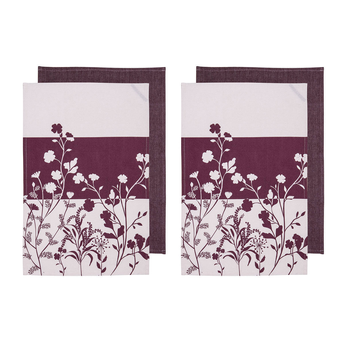 Table Linen & Kitchen Towels: Ladelle Set of 4 Homespun Flower Cotton Kitchen Tea Towels 50 x 70 cm Mulberry
