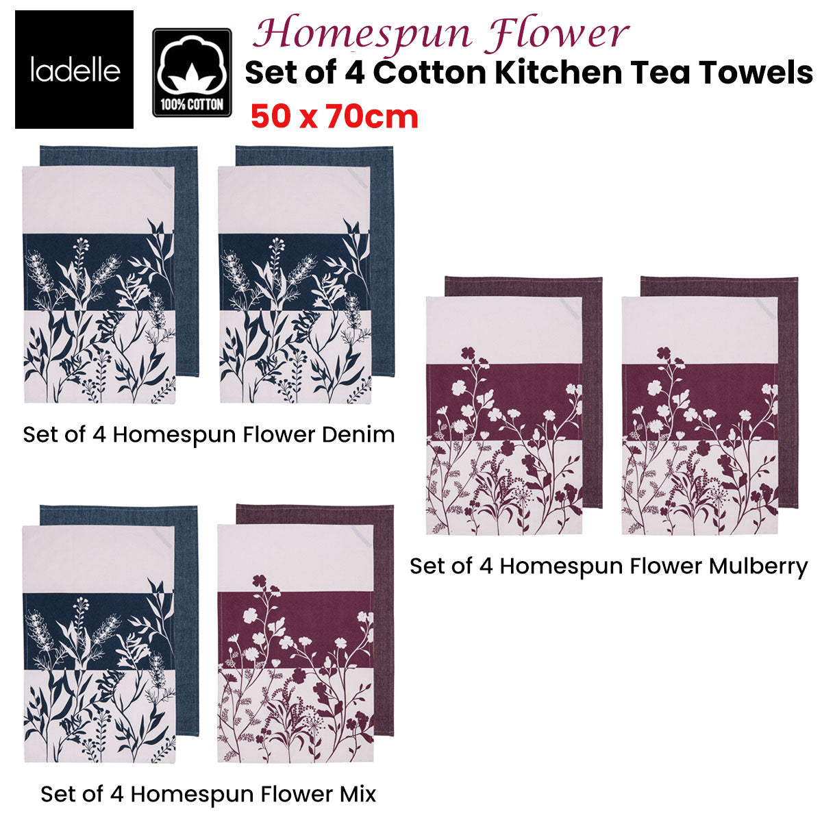 Table Linen & Kitchen Towels: Ladelle Set of 4 Homespun Flower Cotton Kitchen Tea Towels 50 x 70 cm Mulberry