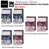 Table Linen & Kitchen Towels: Ladelle Set of 4 Homespun Flower Cotton Kitchen Tea Towels 50 x 70 cm Mulberry