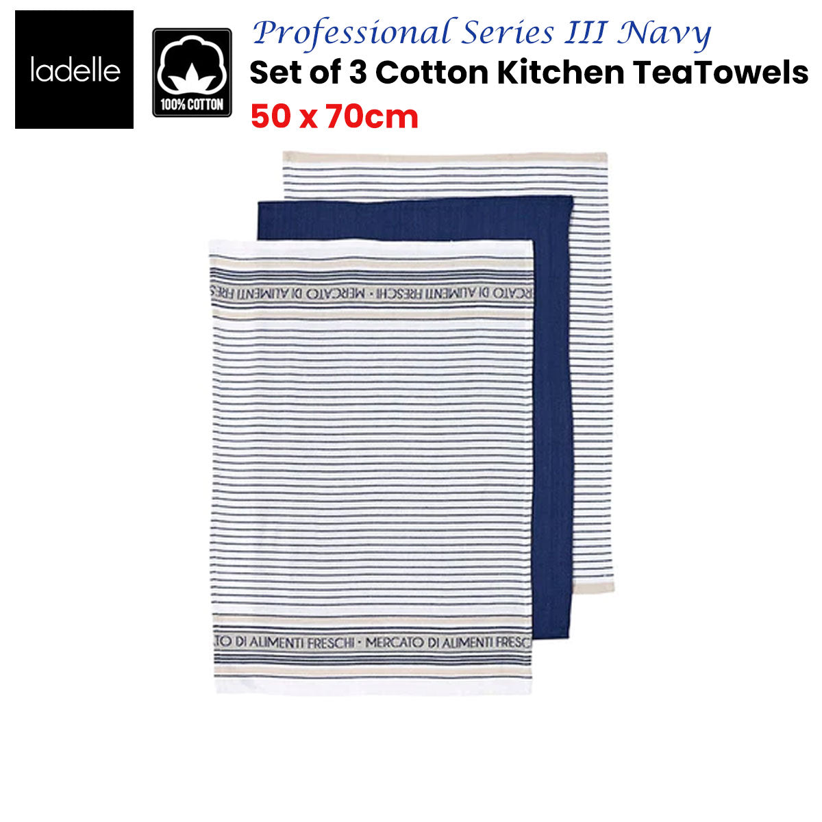 Table Linen & Kitchen Towels: Ladelle Set of 3 Professional Series III Cotton Kitchen Tea Towels Navy 50 x 70 cm