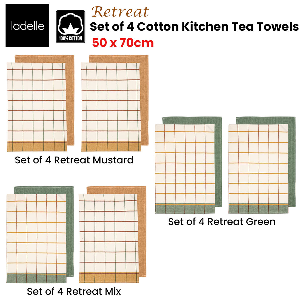 Table Linen & Kitchen Towels: Ladelle Set of 4 Retreat Cotton Kitchen Tea Towels 50 x 70 cm Mix