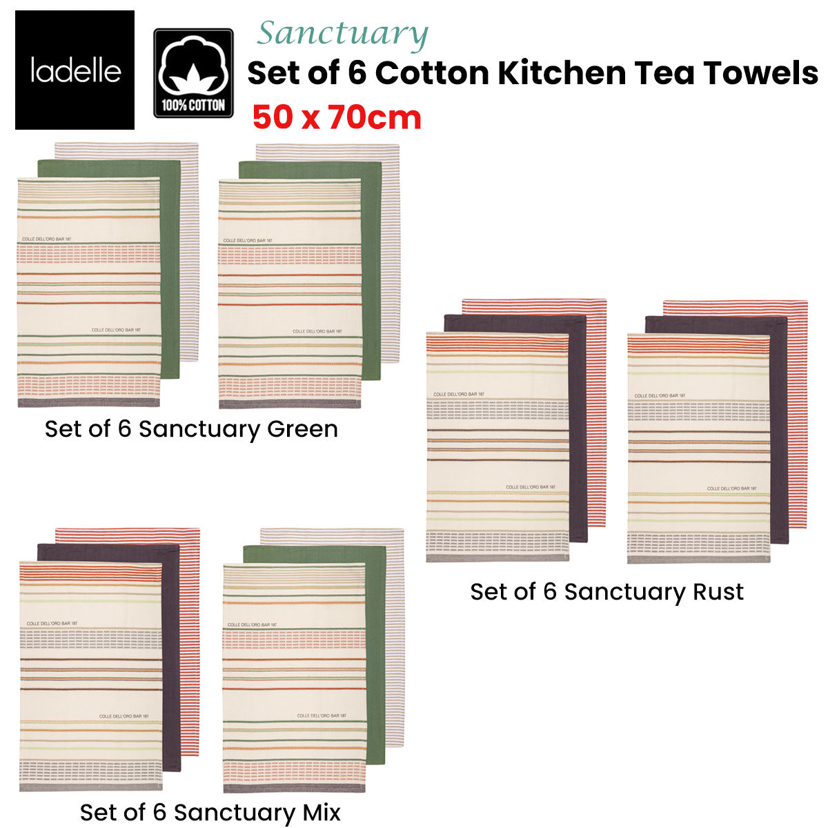 Table Linen & Kitchen Towels: Ladelle Set of 6 Sanctuary Cotton Kitchen Tea Towels 50 x 70 cm Rust