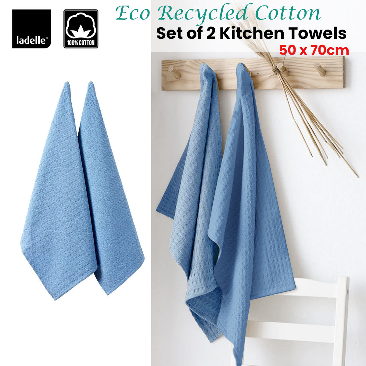 Table Linen & Kitchen Towels: Ladelle Eco Recycled Cotton Set of 2 Cotton Kitchen Towels Blue 50 x 70 cm