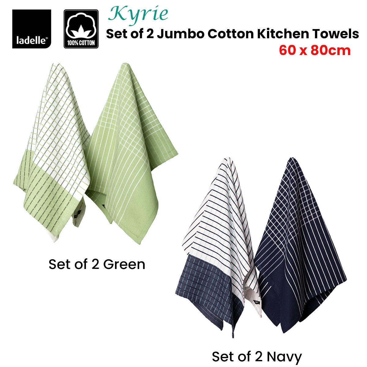Table Linen & Kitchen Towels: Ladelle Kyrie Cotton Set of 2 Jumbo Kitchen Towels 60 x 80 cm Navy