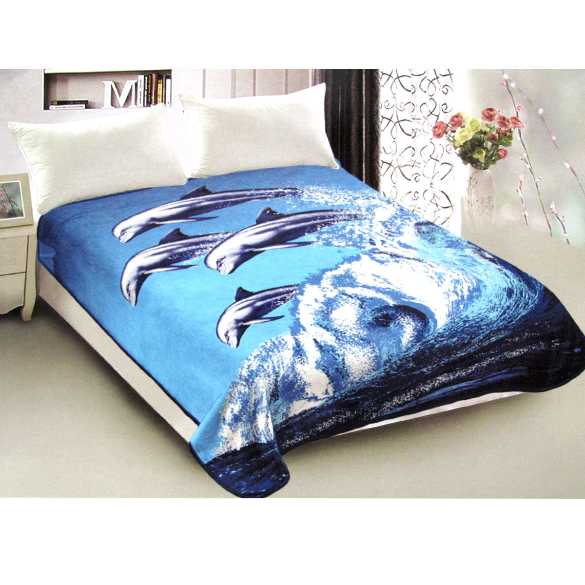 Blankets & Throws: 800GSM Luxury Reversible Animal Pattern Mink Blanket Queen 200 x 240 cm Jumping Dolphins