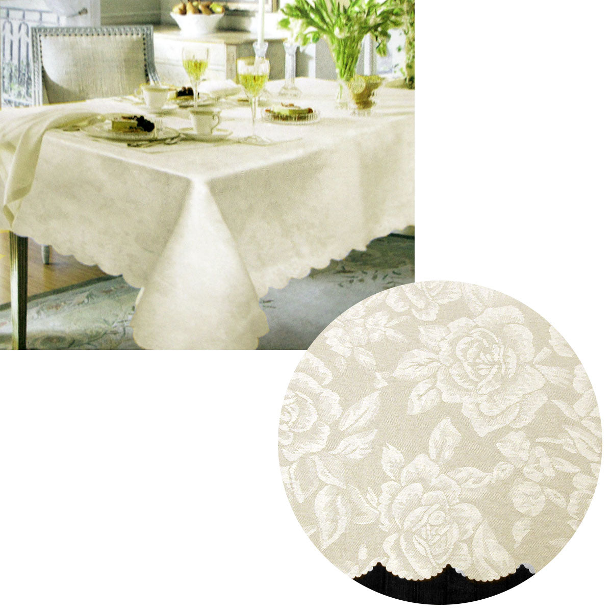 Table Linen & Kitchen Towels: Jacquard Damask Design with Scalloped Edging Table Cloth Cream 140 x 180 cm