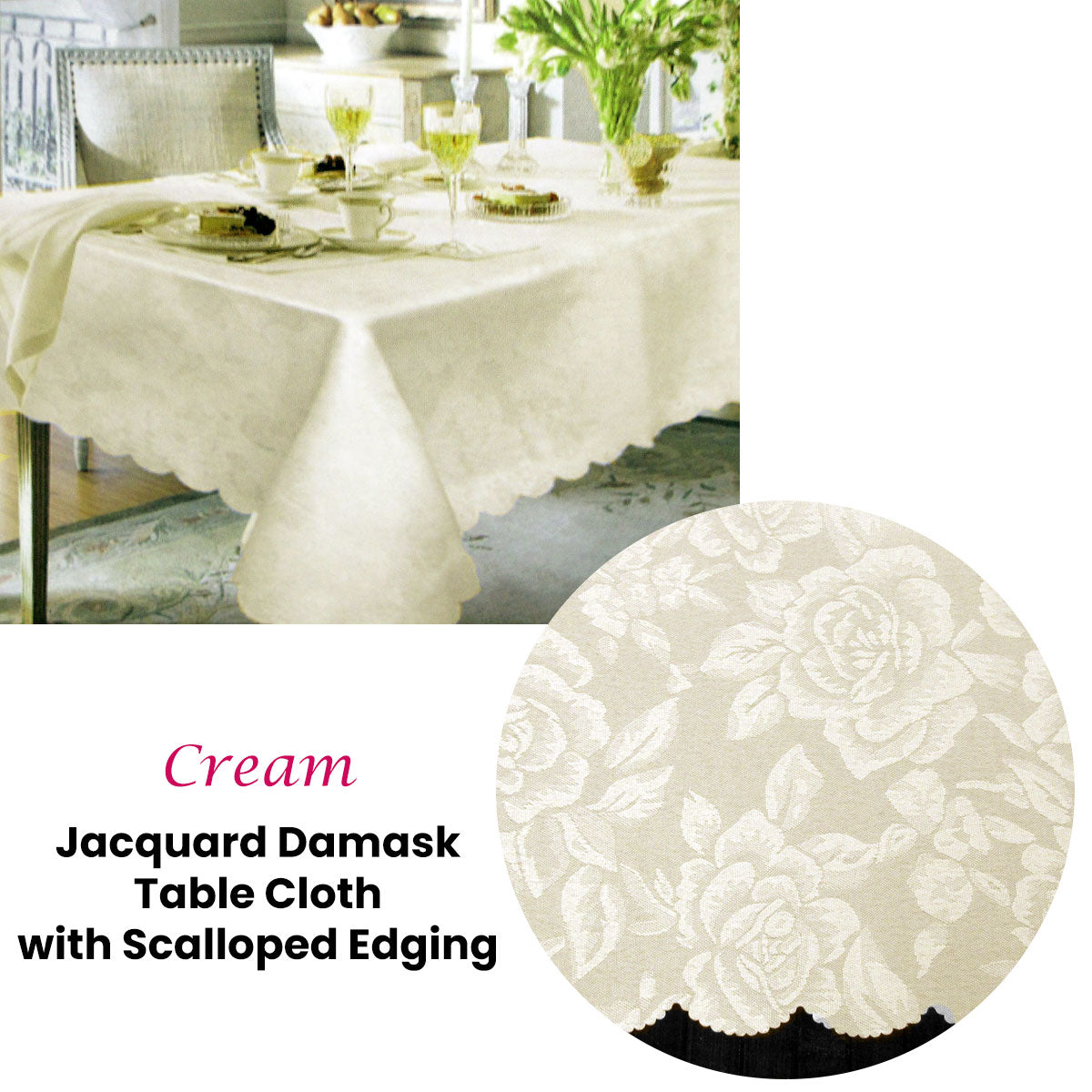 Table Linen & Kitchen Towels: Jacquard Damask Design with Scalloped Edging Table Cloth Cream 140 x 180 cm