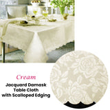 Table Linen & Kitchen Towels: Jacquard Damask Design with Scalloped Edging Table Cloth Cream 140 x 180 cm