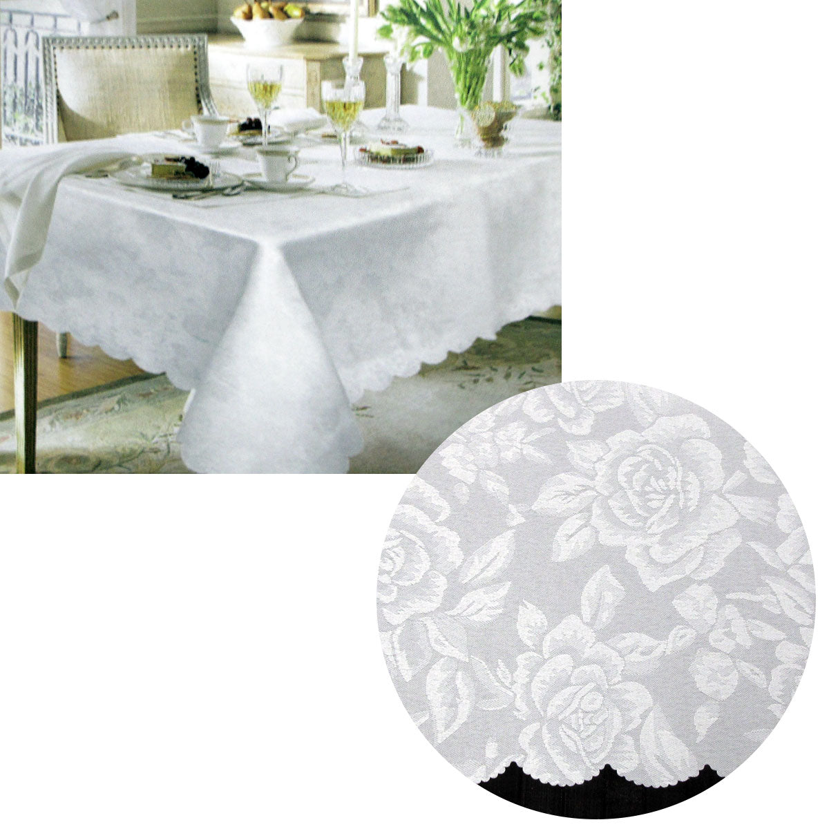 Table Linen & Kitchen Towels: Jacquard Damask Design with Scalloped Edging Table Cloth White 140 x 180 cm
