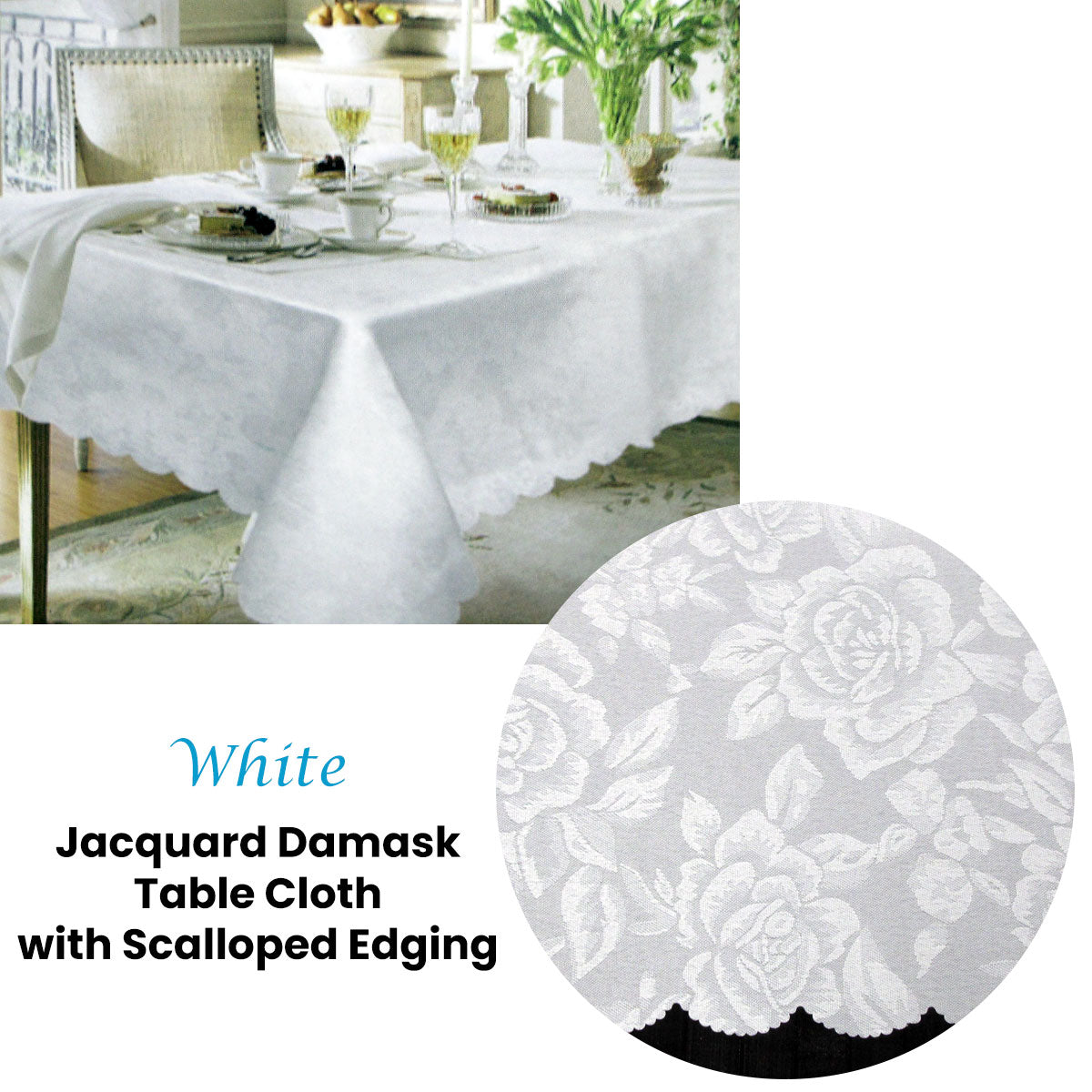 Table Linen & Kitchen Towels: Jacquard Damask Design with Scalloped Edging Table Cloth White 140 x 180 cm