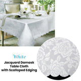 Table Linen & Kitchen Towels: Jacquard Damask Design with Scalloped Edging Table Cloth White 150 x 220 cm