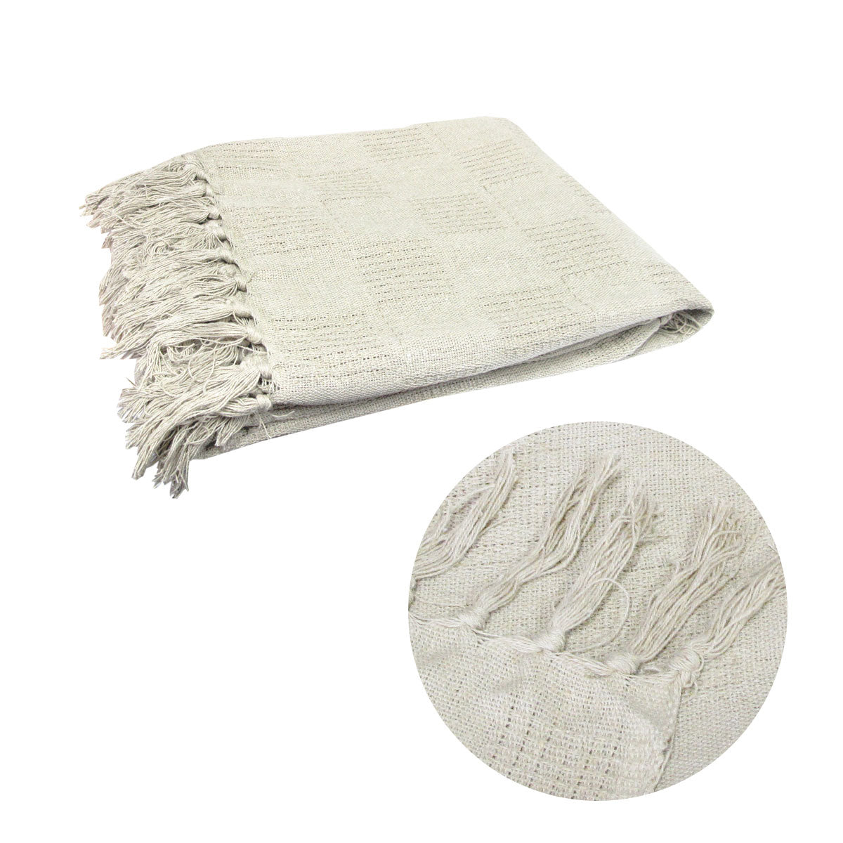 Blankets & Throws: Checkerboard 100% Cotton Texture Fringe Throw Rug 125 x 150 cm Off White