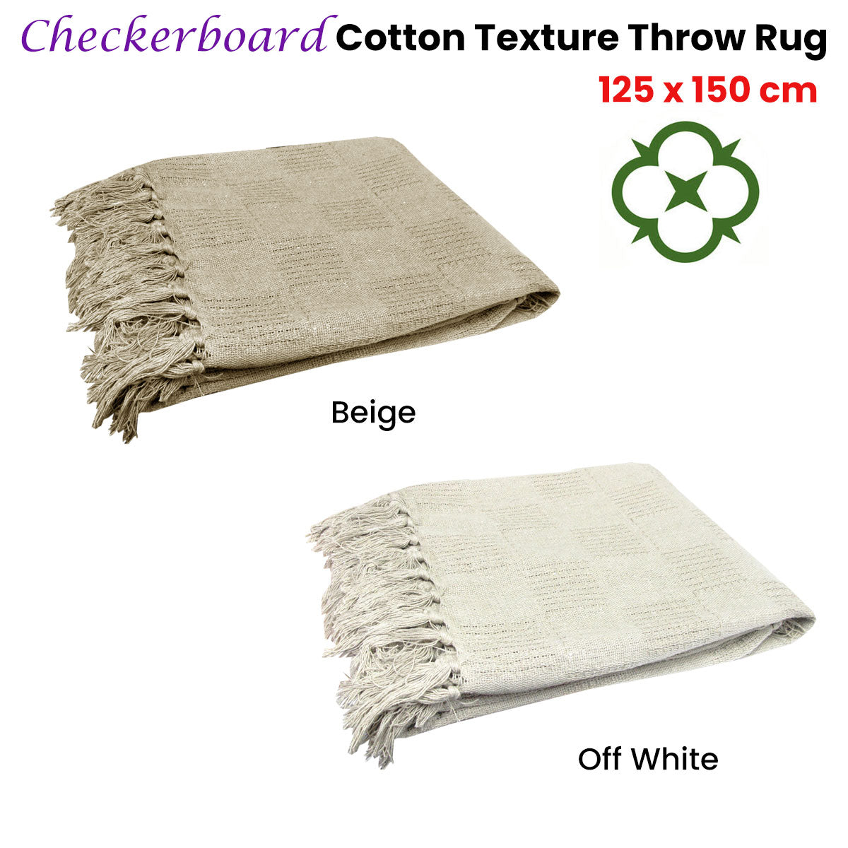 Blankets & Throws: Checkerboard 100% Cotton Texture Fringe Throw Rug 125 x 150 cm Off White