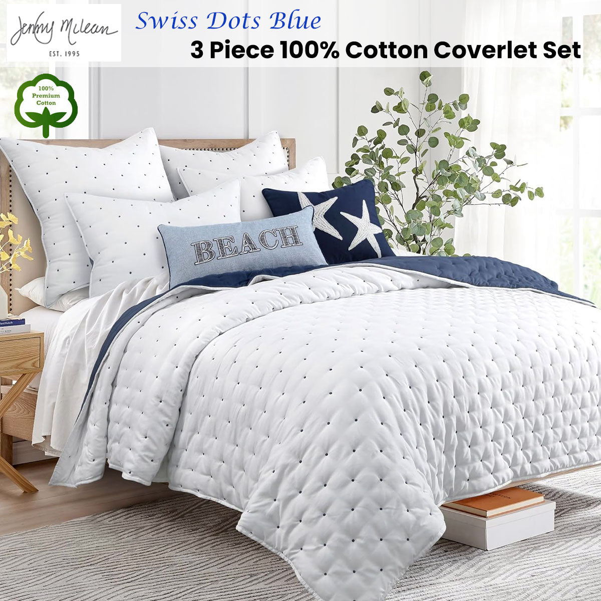 Quilts & Duvets: Jenny Mclean Swiss Dots Blue 3 Piece Coverlet Set King