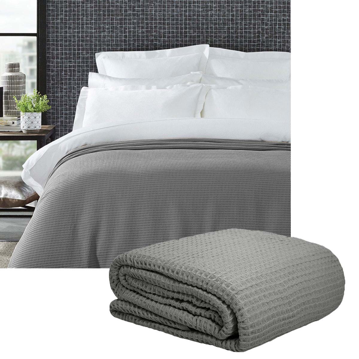 Blankets & Throws: Living @ Home 350gsm 100% Cotton Breathable Waffle Blanket Queen 240 x 255 cm Charcoal