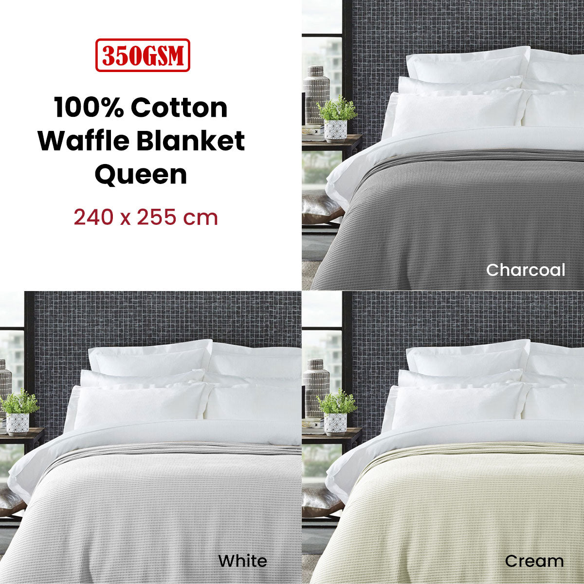 Blankets & Throws: Living @ Home 350gsm 100% Cotton Breathable Waffle Blanket Queen 240 x 255 cm Charcoal