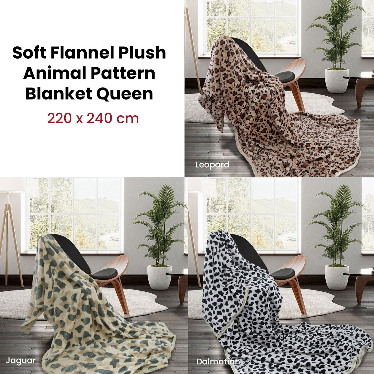 Animal Pattern Soft Flannel Plush Queen Size Blanket 220 x 240cm Leopard
