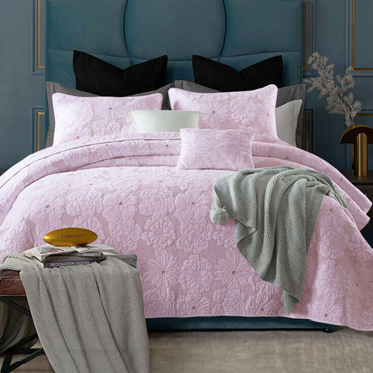 Quilts & Duvets: Cotton Rich Lightly Quilted Coverlet Set Floriade Pink Queen