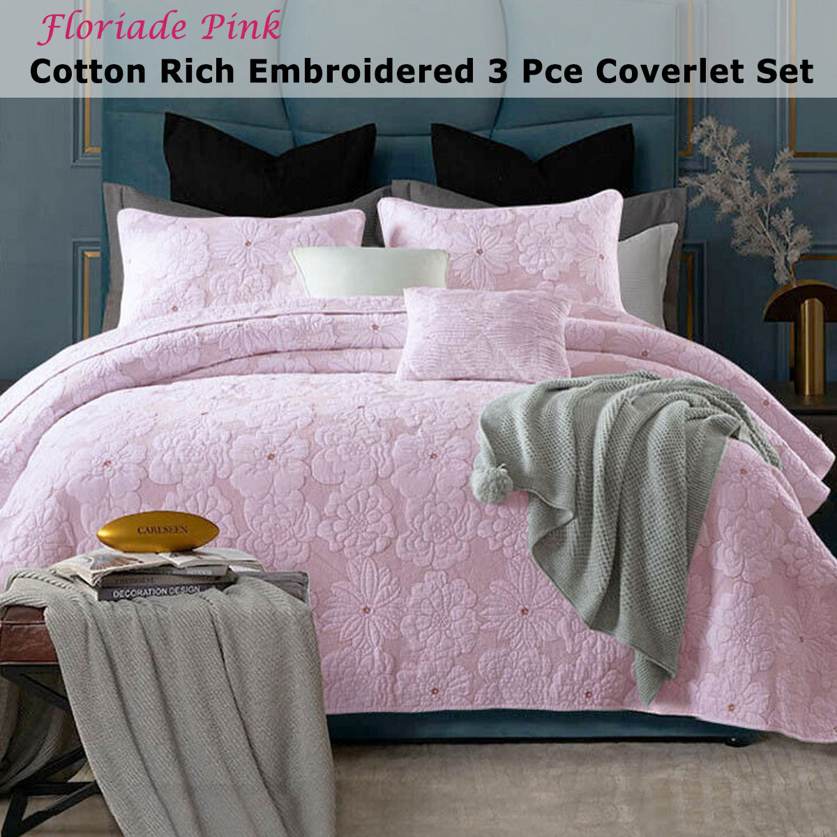 Quilts & Duvets: Cotton Rich Lightly Quilted Coverlet Set Floriade Pink Queen