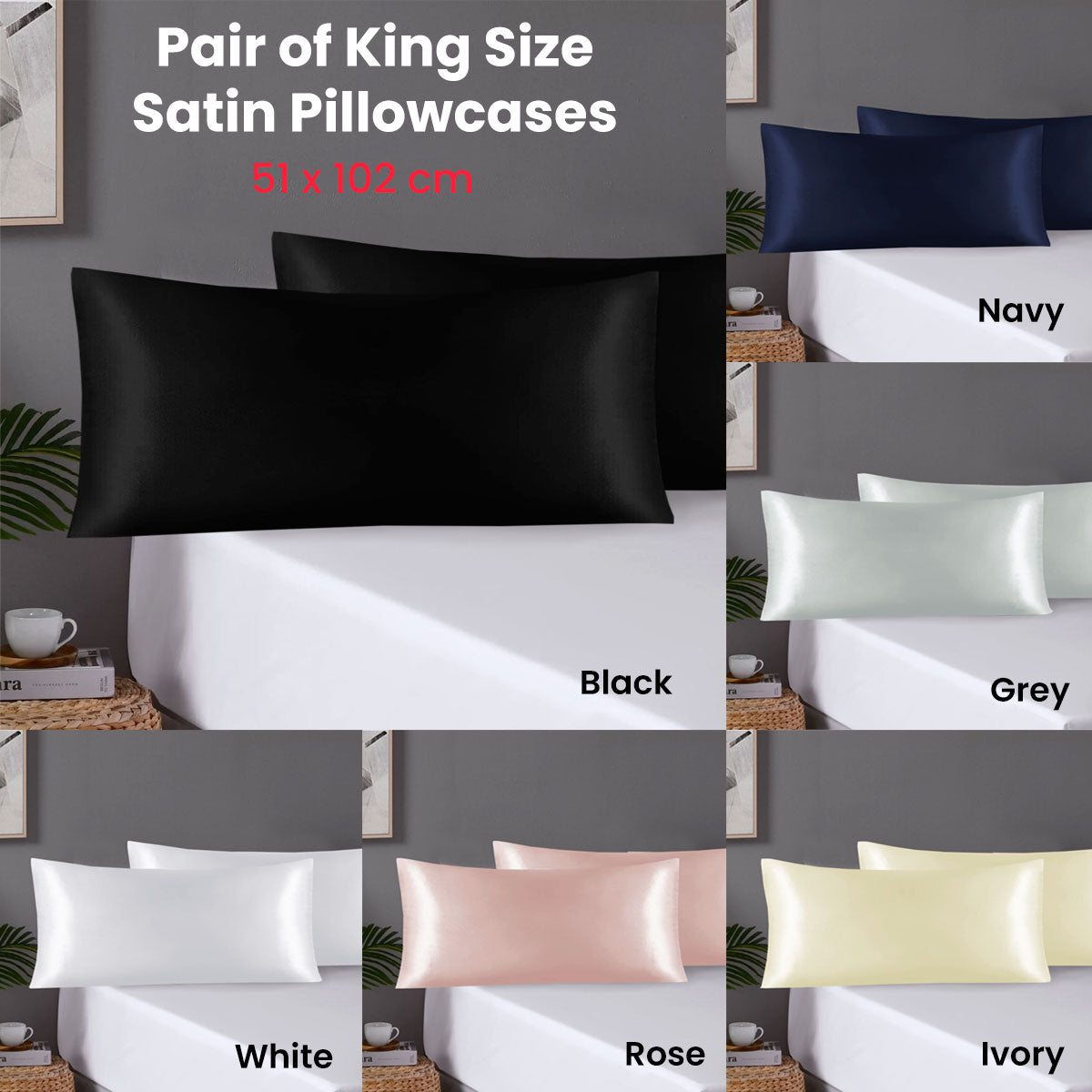 Pair of King Satin Silk Pillowcases with Envelope Closure 51 x 102 cm White