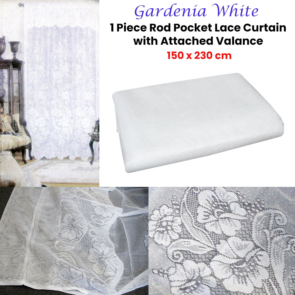 Curtains & Drapes: Gardenia White One Piece Rod Pocket Lace Curtain with Attached Valance