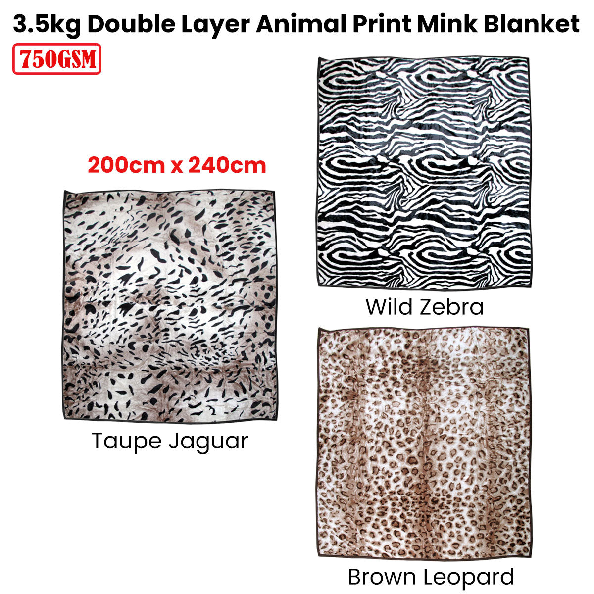 Blankets & Throws: 750gsm 3.5kg Double Layer Animal Print Faux Mink Blanket Queen 200x240 cm Wild Zebra