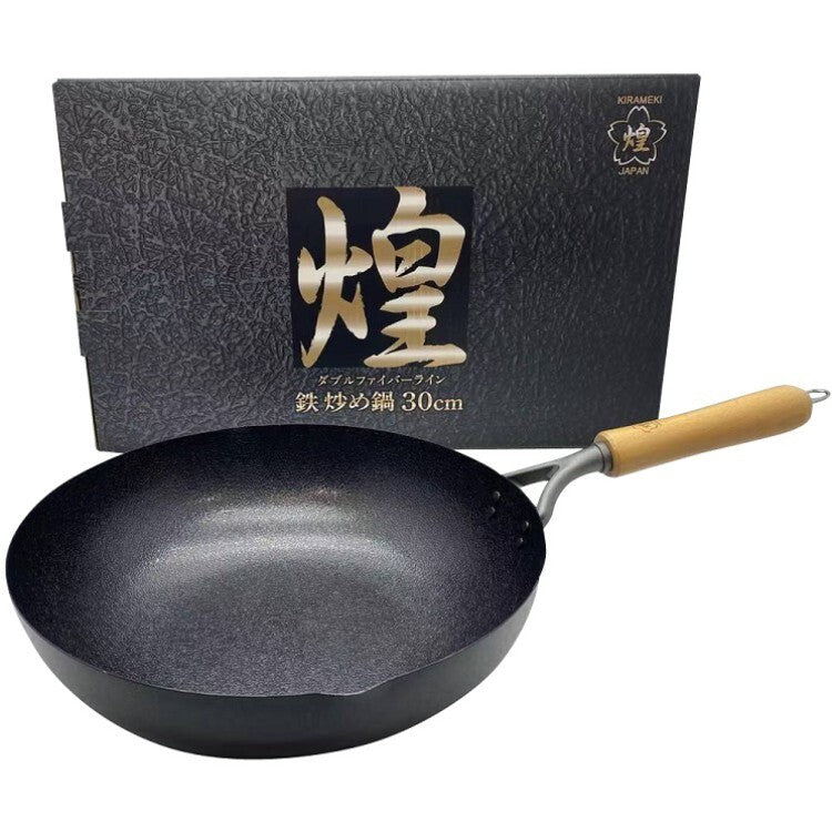 Kitchen Utensils: Kirameki Cast Iron Double Fiber Line Stir-fry Wok (Made in Japan) - 30cm