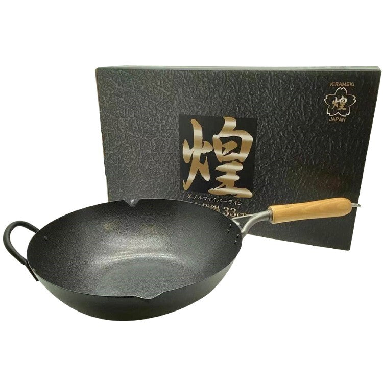 Kitchen Utensils: Kirameki Cast Iron Double Fiber Line Stir-fry Wok (Made in Japan) - 33cm
