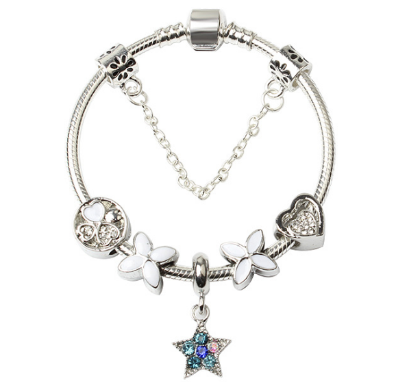 Women's Jewellery: Women Silver Plated Bracelet Snake Chain with Classic Bead Barrel Clasp and Blue Star Pendant(20cm)
