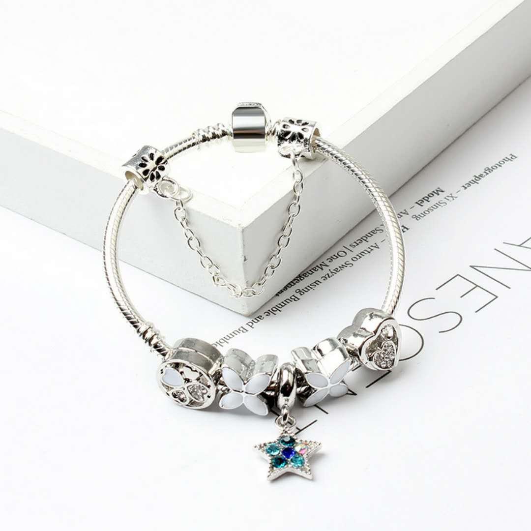 Women's Jewellery: Women Silver Plated Bracelet Snake Chain with Classic Bead Barrel Clasp and Blue Star Pendant(20cm)